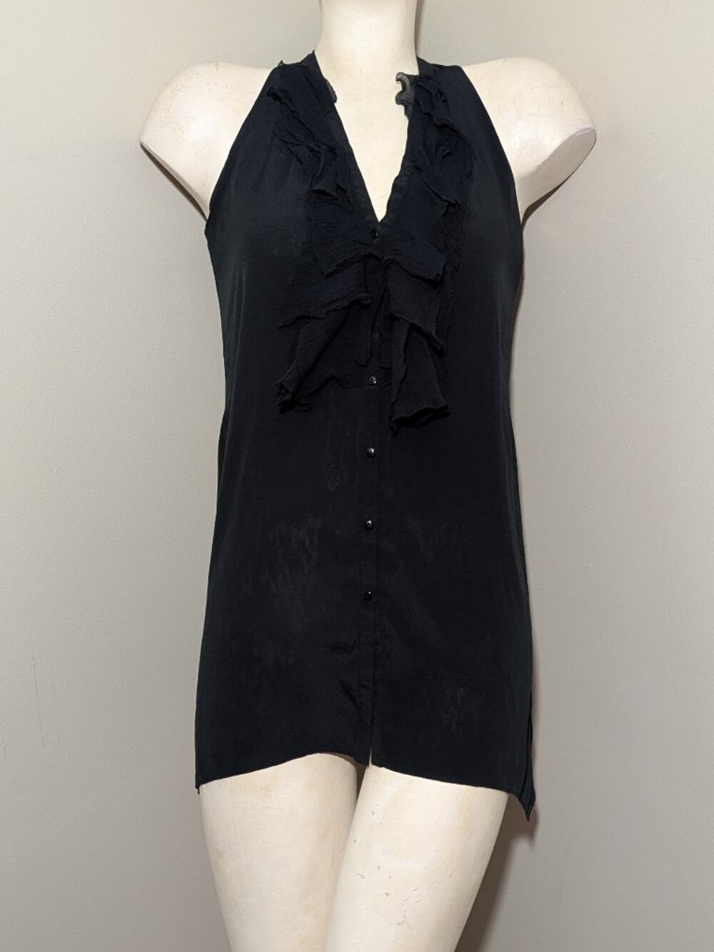 VINCE Silk Ruffle Sleeveless Blouse XS Black 100% Silk - Picture 3 of 9